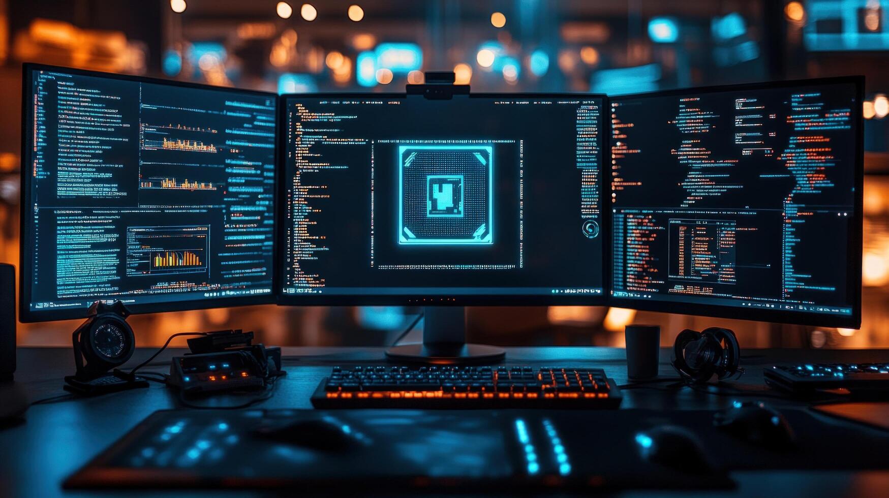 Multiple computer monitors displaying code, futuristic workspace photo