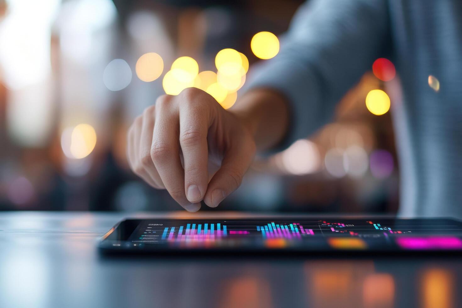 Person interacting with a tablet displaying data visualizations photo
