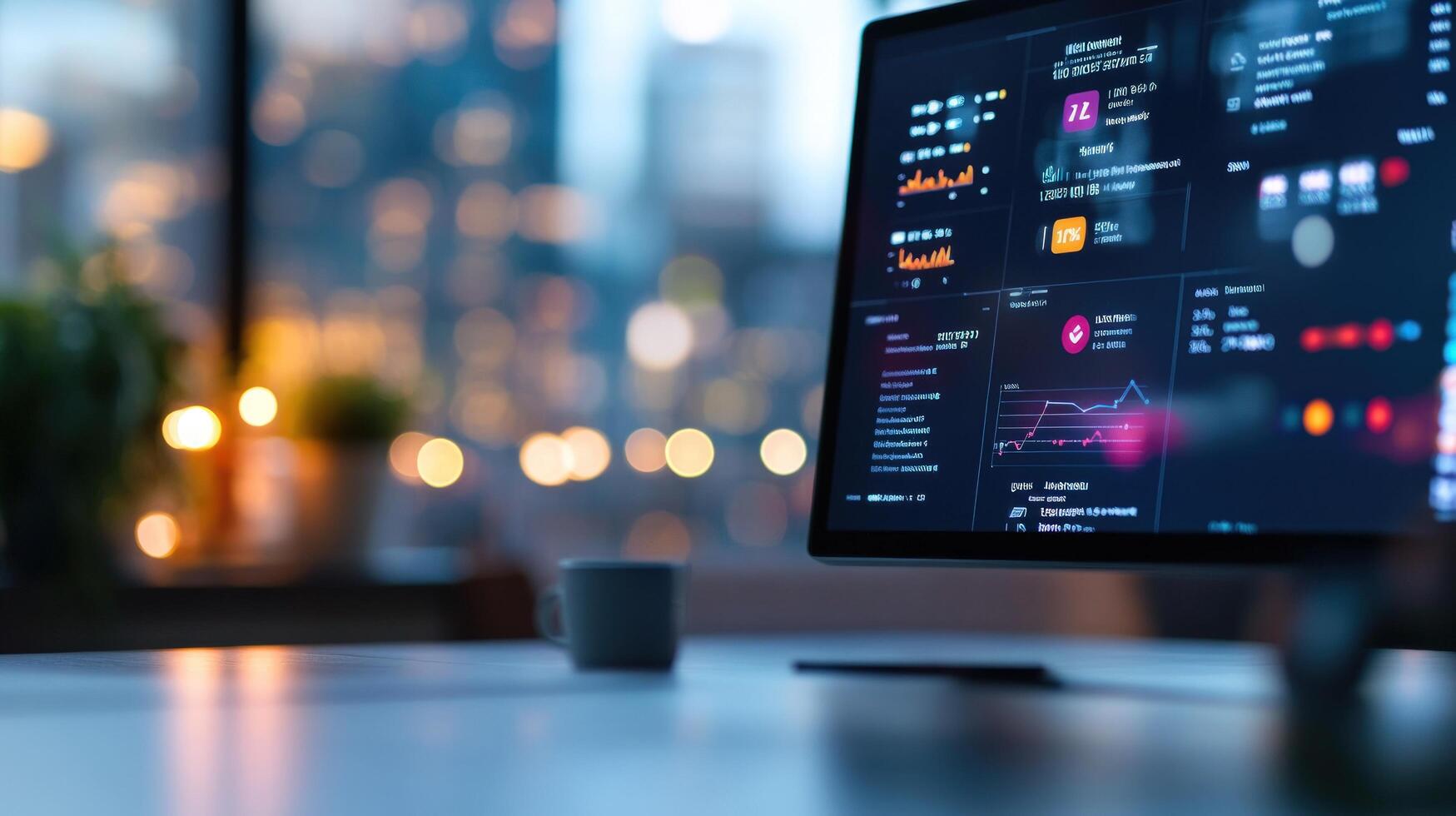 Modern workspace computer screen displaying data visualizations photo