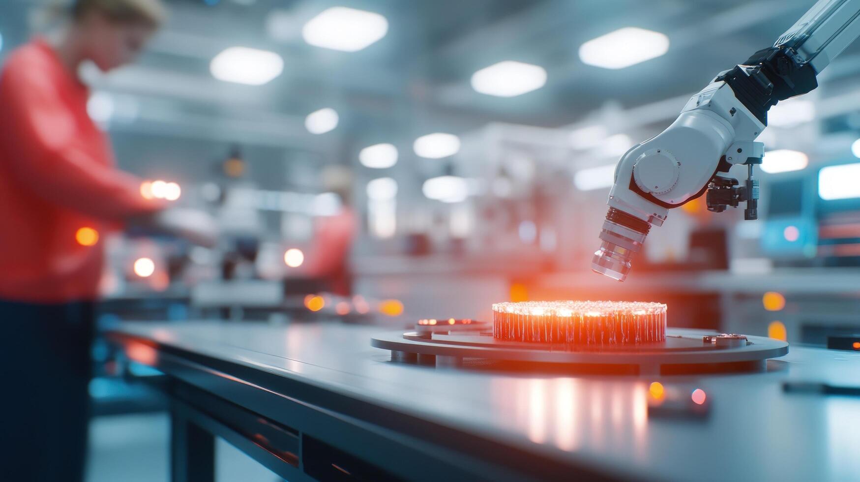 Automated assembly line in a modern factory. Workers interact with a robotic arm photo