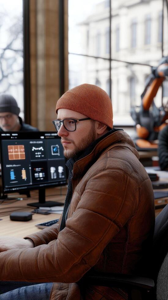 Man working on computer analyzing data in modern tech office photo