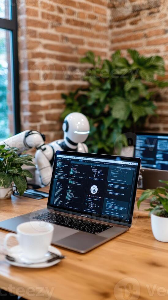 Artificial intelligence integration in modern workspace with robot and laptop photo