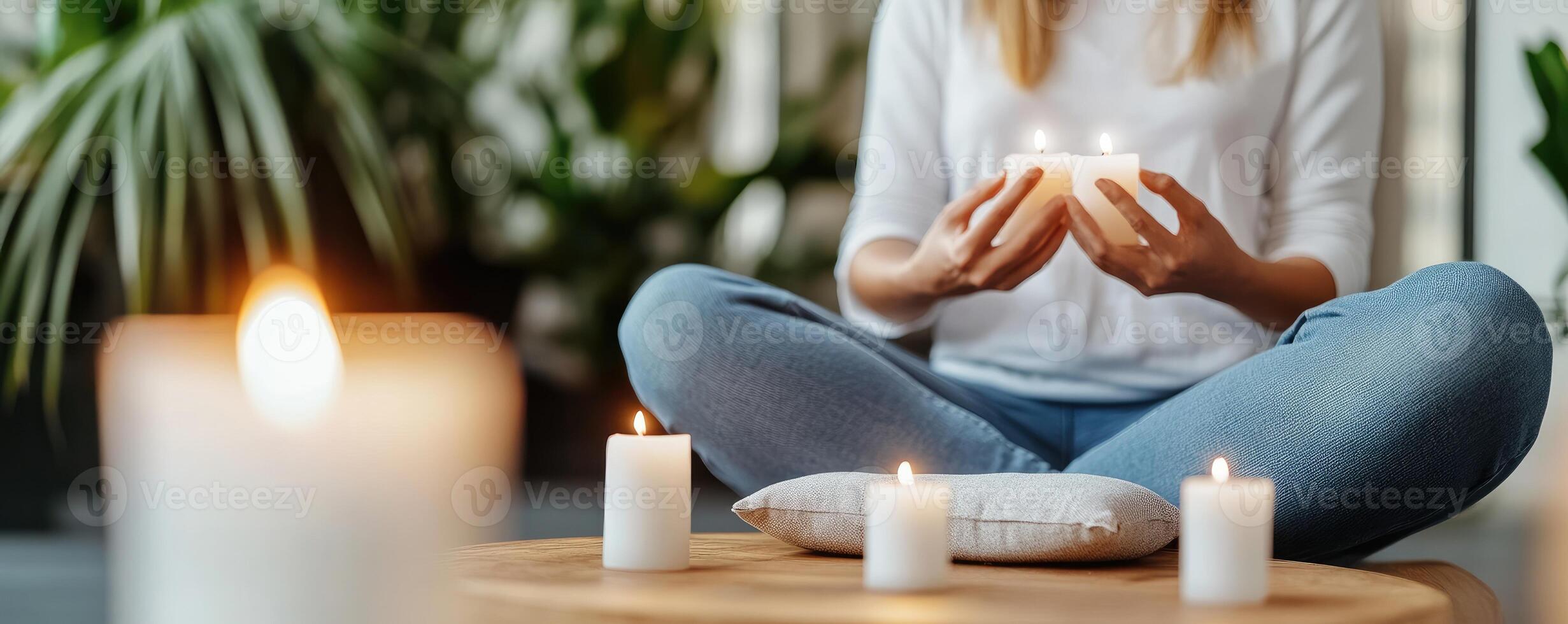 meditativo serenidad persona en yoga actitud con brillante velas para bienestar y atención plena foto