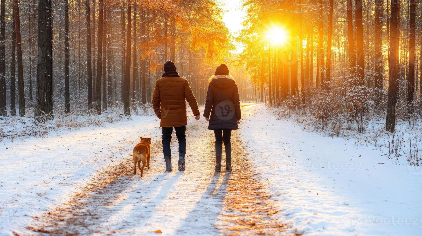 Pareja caminando perro Nevado bosque luz de sol dorado hora foto