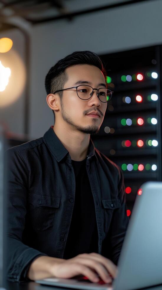 Focused system engineer working on laptop with server rack in background technology data analysis network solutions photo