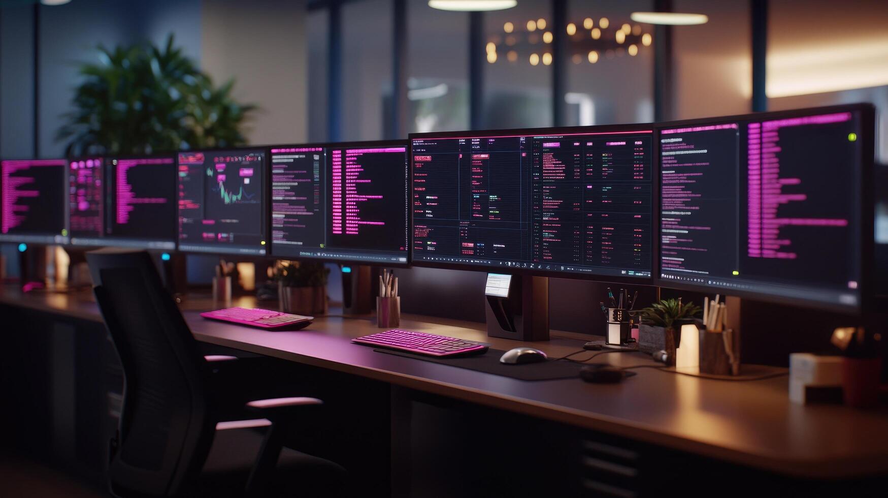 Multiple computer monitors displaying code in darkly lit office coding workspace photo