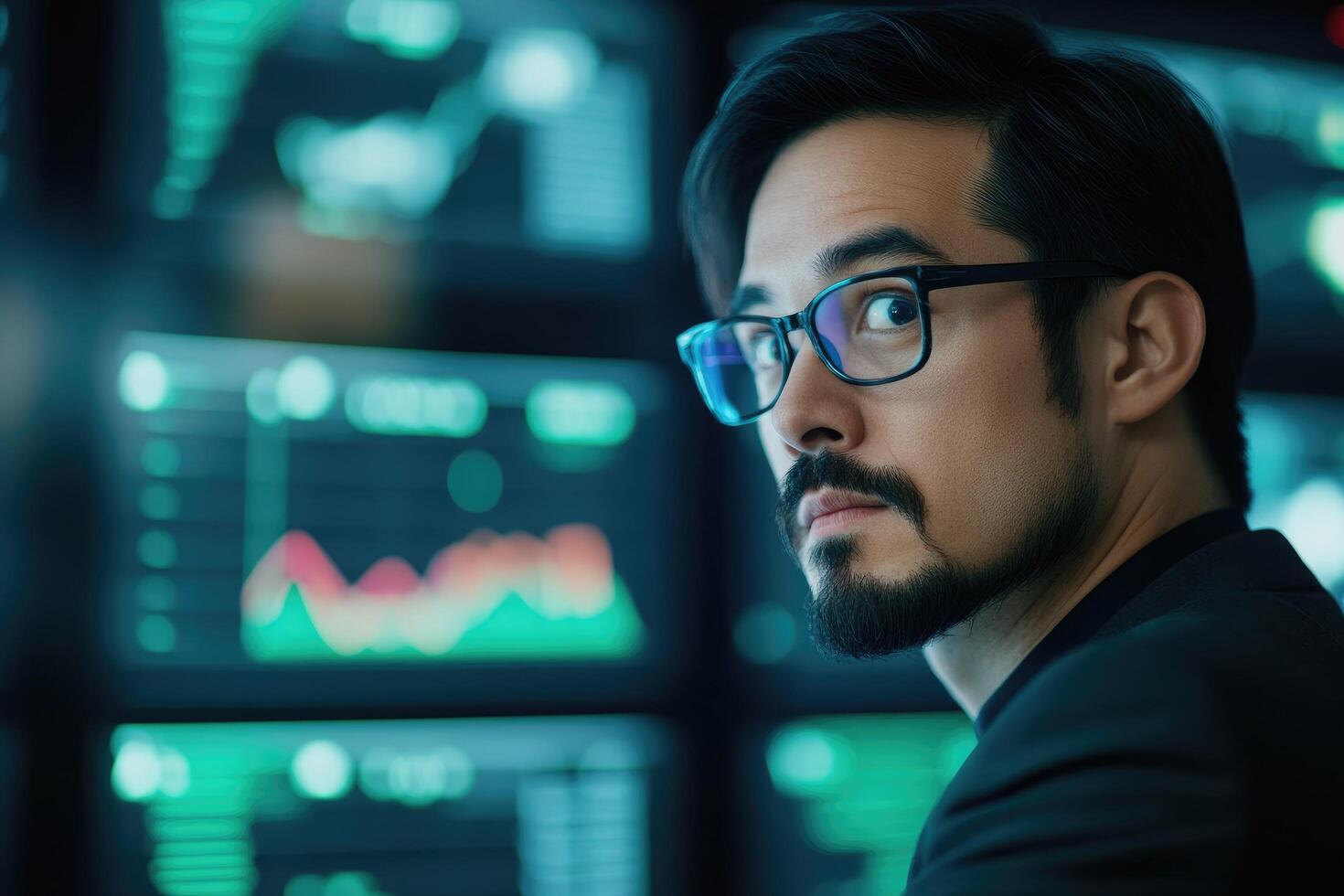 Person analyzing financial data charts and graphs on multiple computer screens photo