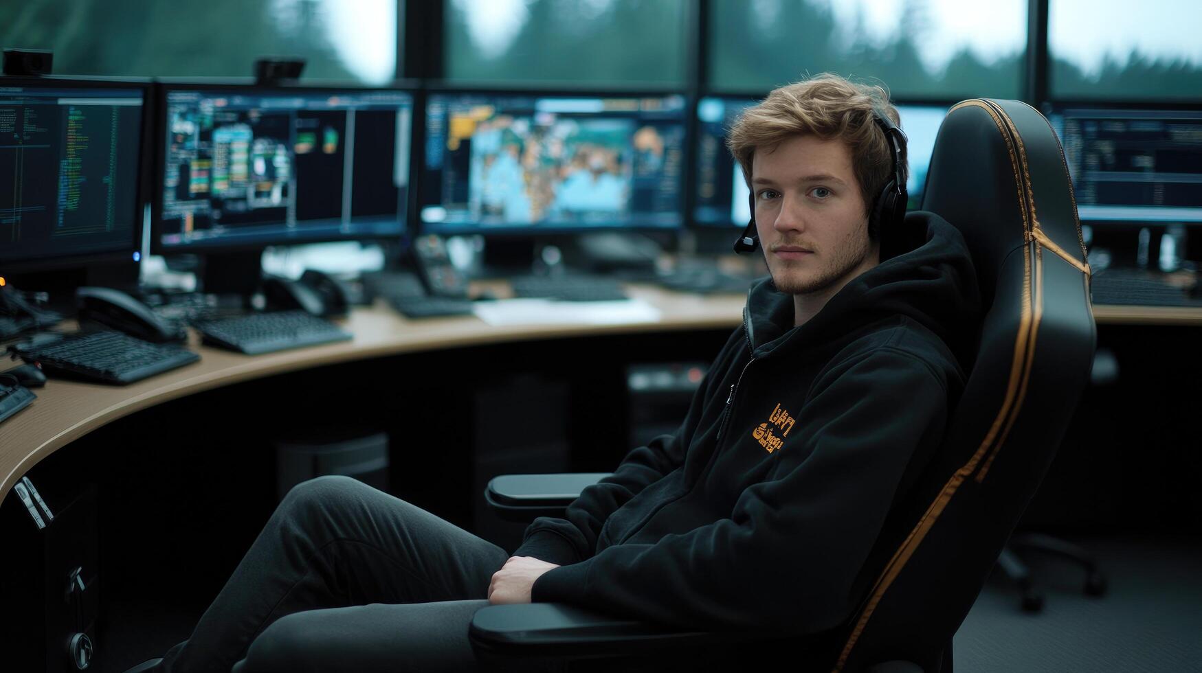 Data security analyst at workstation monitoring multiple computer screens photo