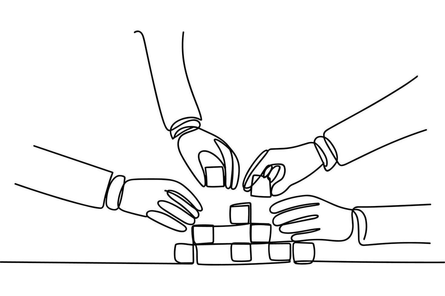 Hands building tower of blocks in continuous line drawing vector