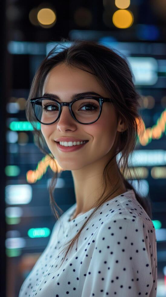 Portrait of a Smiling Woman in Glasses, Working in a Tech Office with a Screen Displaying Data photo