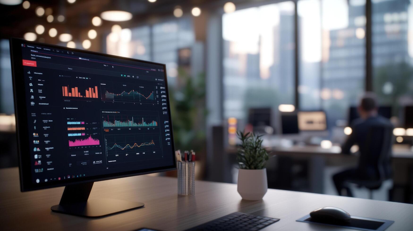 A computer monitor with graphs on it sitting on a desk photo