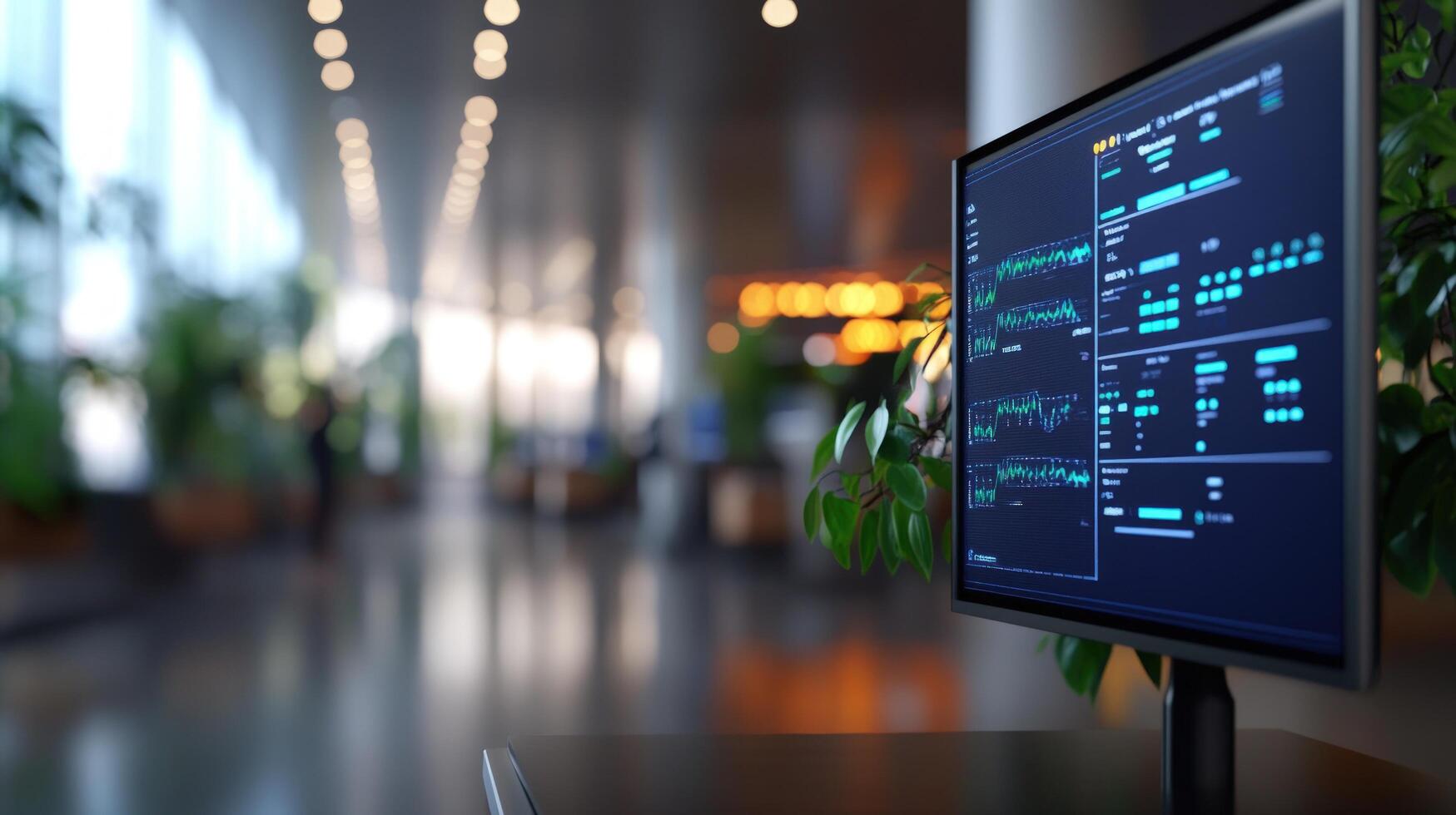 Modern office space with a computer displaying data visualizations photo