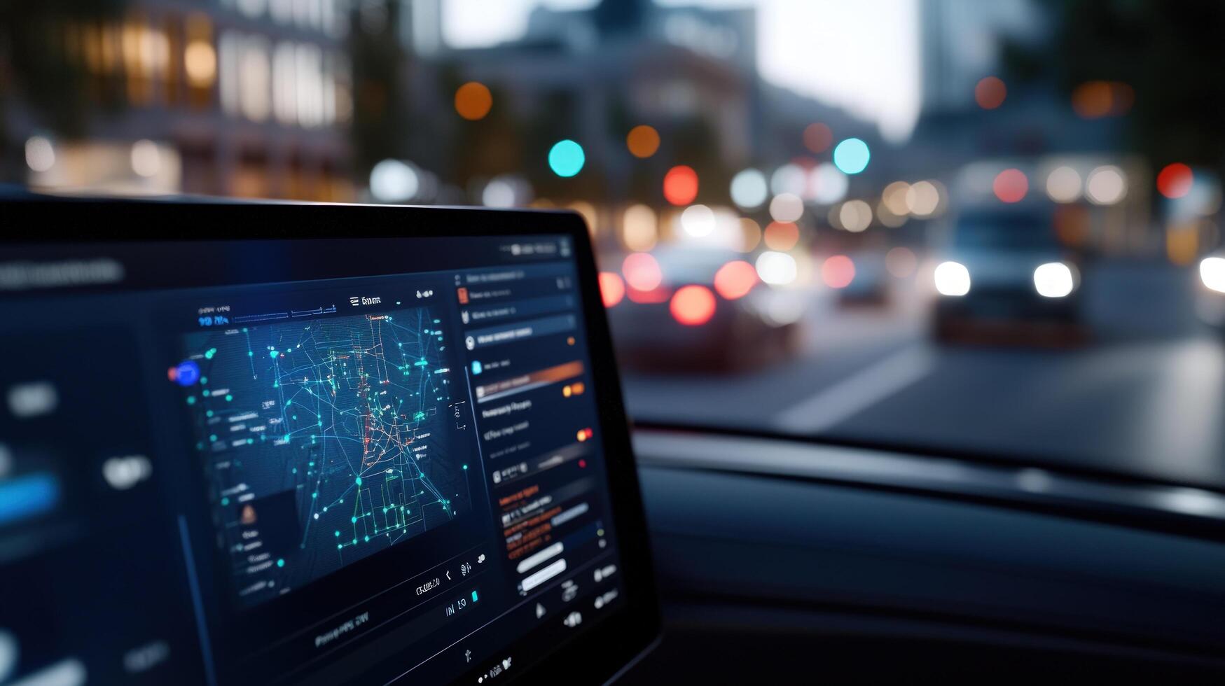 Incar navigation system displays dynamic map data in city traffic photo