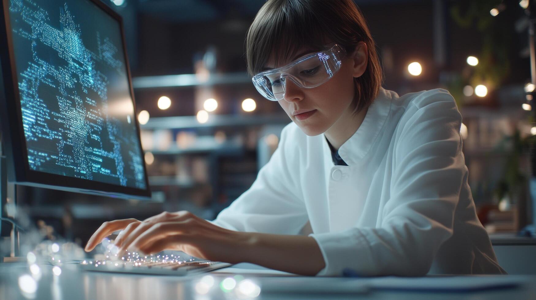 Focused scientist working on computer in lab photo
