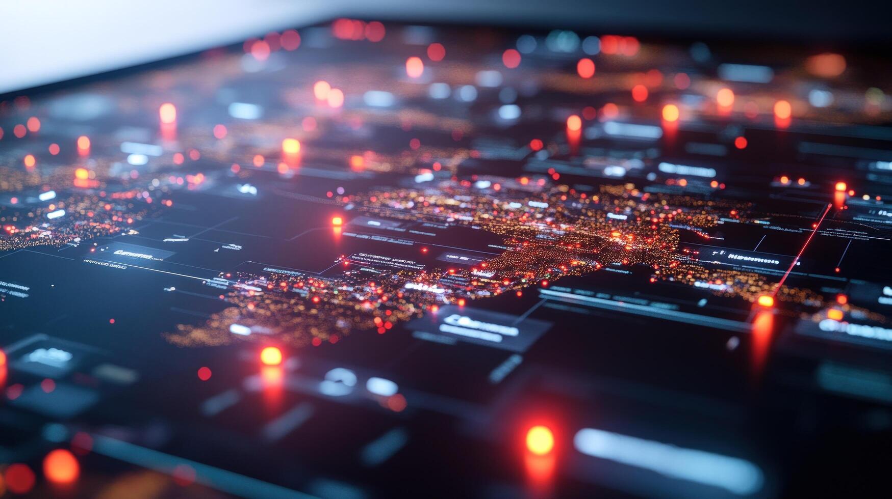 Global data visualization on a digital interface. Interactive map displaying city connections, highlighted by data points photo
