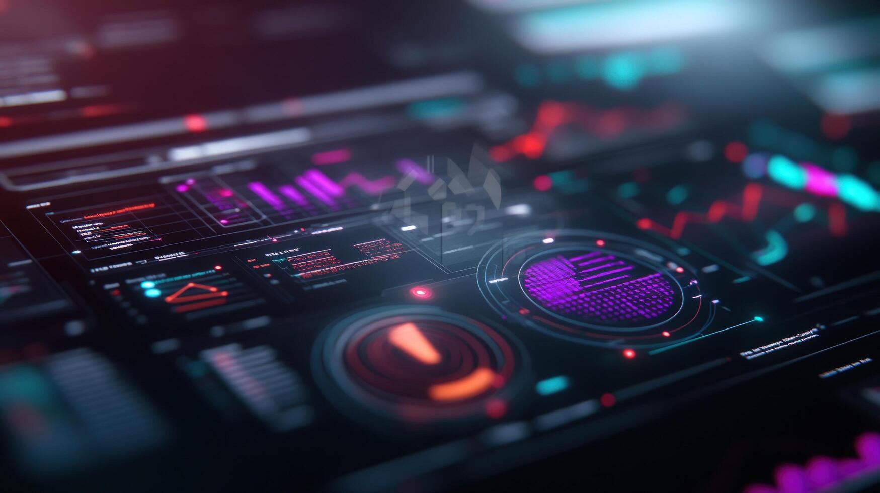 Futuristic digital dashboard with vibrant glowing displays and data visualizations photo