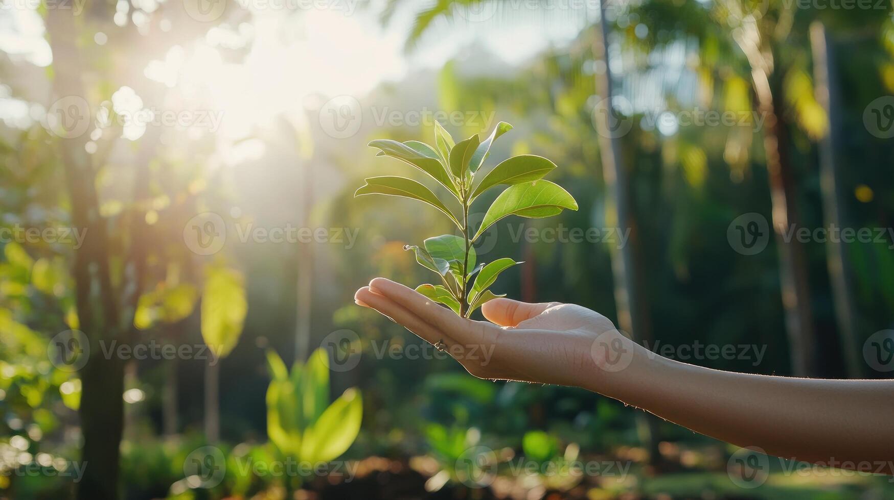 un mano sostiene un pequeño árbol joven, simbolizando crecimiento y esperanza foto