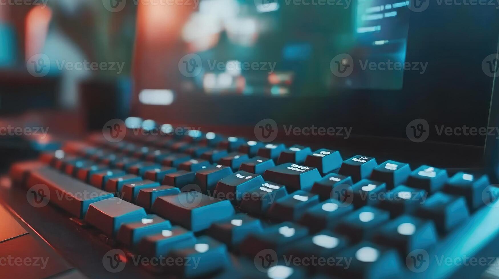 Closeup of a computer keyboard with a monitor in the background photo