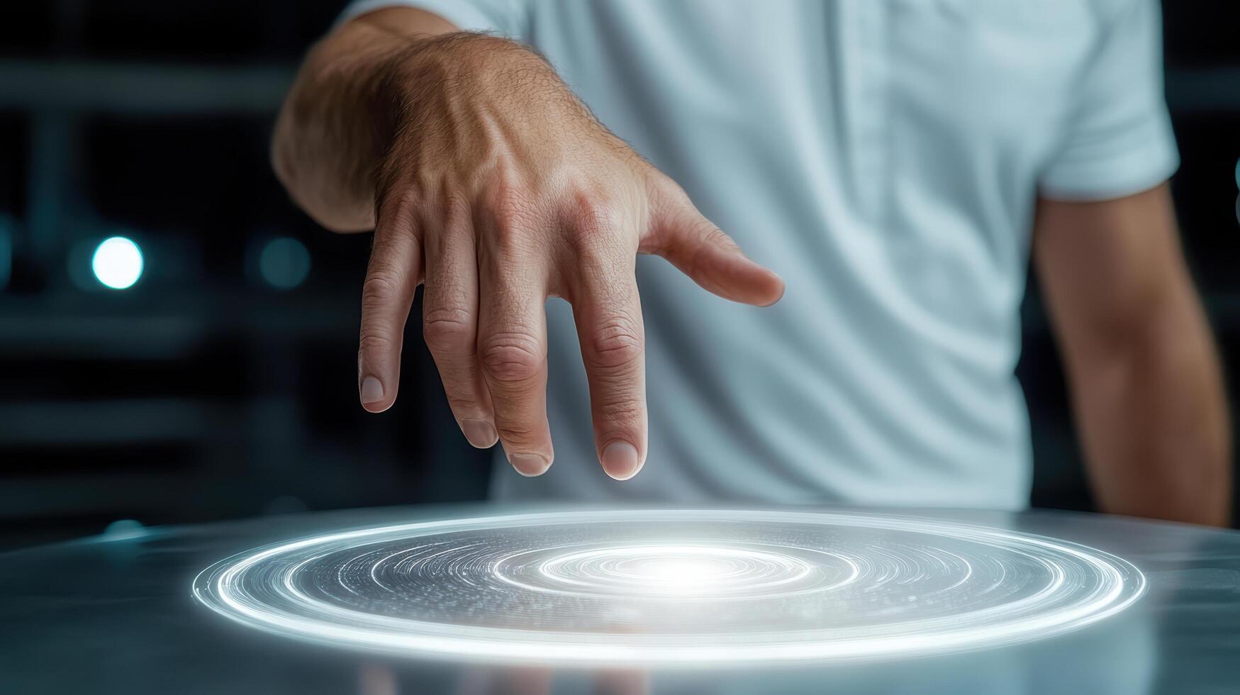A person touching a circular object with a glowing circle photo