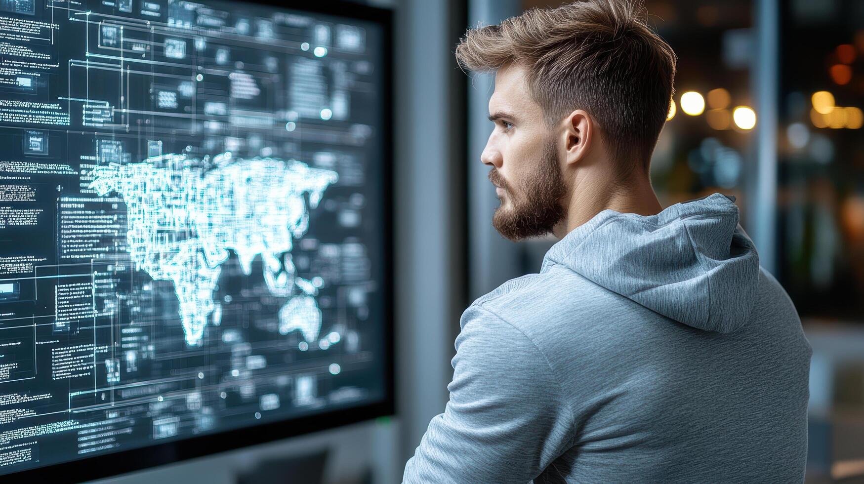 A man looking at a computer screen with a world map on it photo