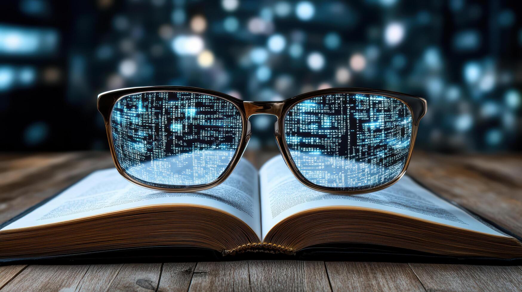 Glasses on an open book with a digital code on the background photo