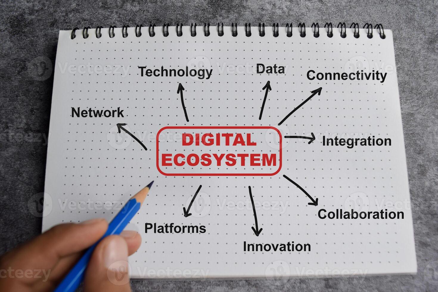 Concept of Digital ecosystem write on book with keywords isolated on Wooden Table. photo