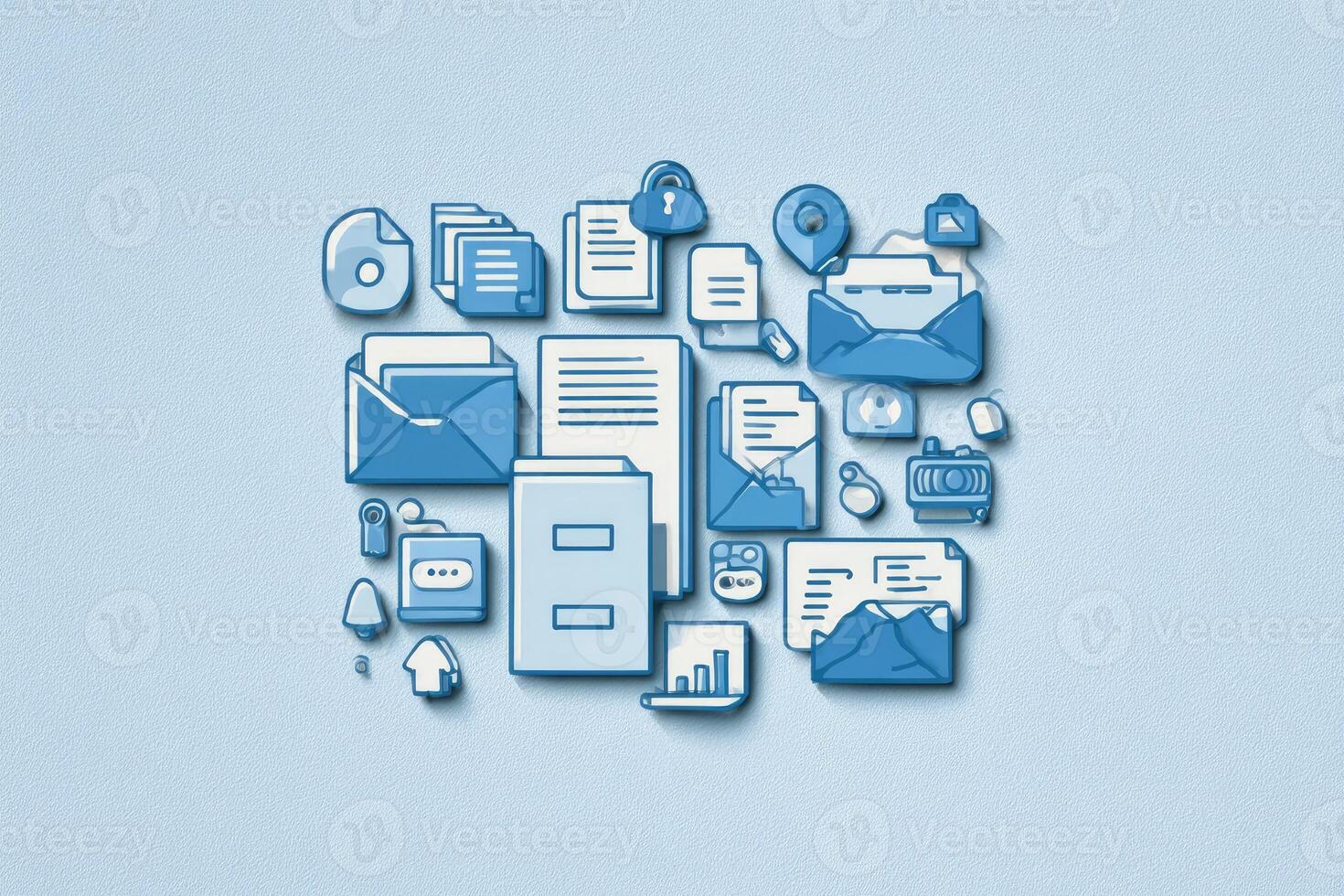 Light-blue graphic design of assorted office icons, including files, folders, envelopes, emails, and data, on a light-gray background photo