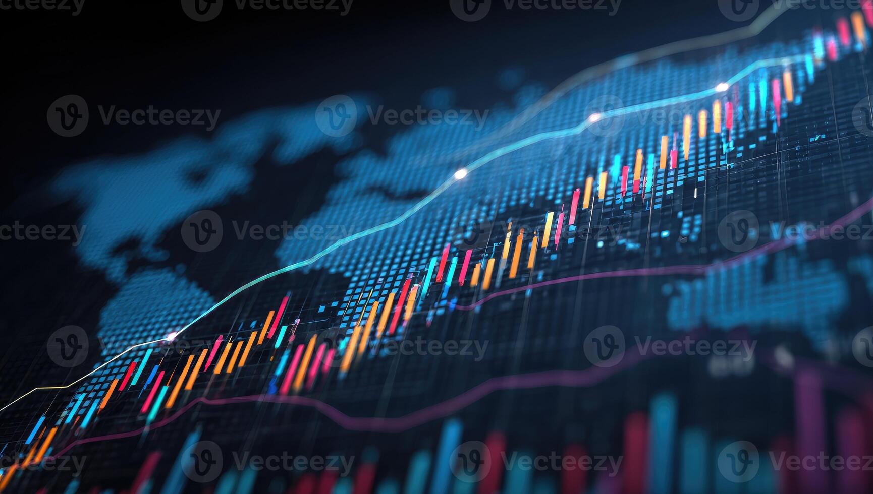 Global financial data visualization. Colorful stock charts overlaid on a world map. Interactive digital display photo