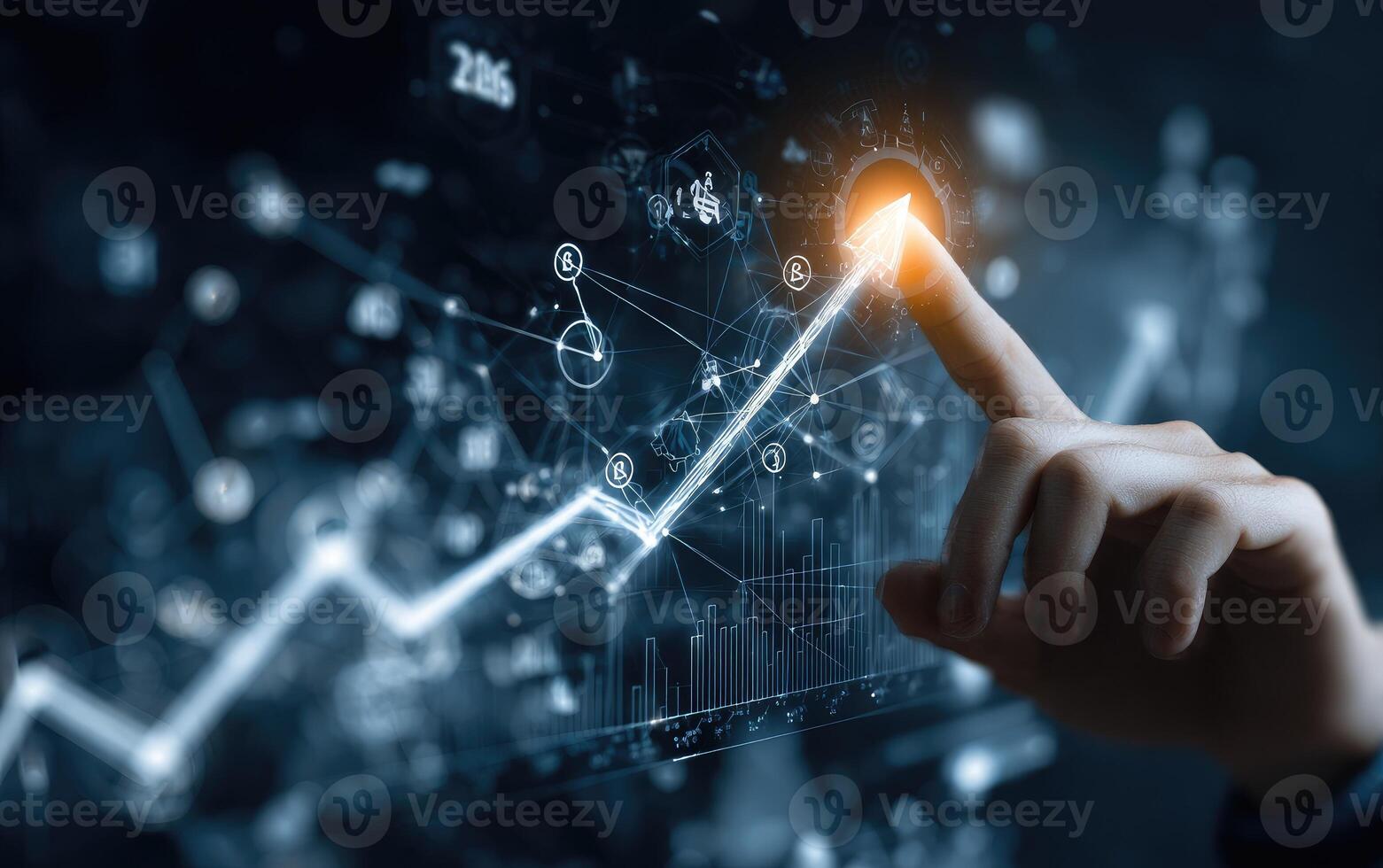 A hand points to a rising graph over a complex data visualization photo