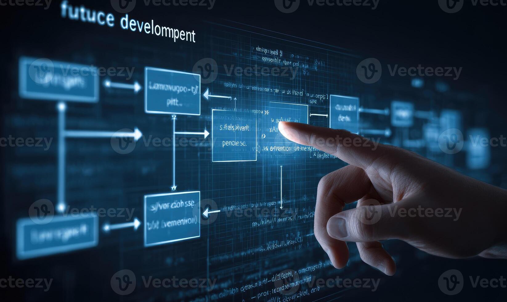 Hand touching interactive flowchart on a dark screen photo