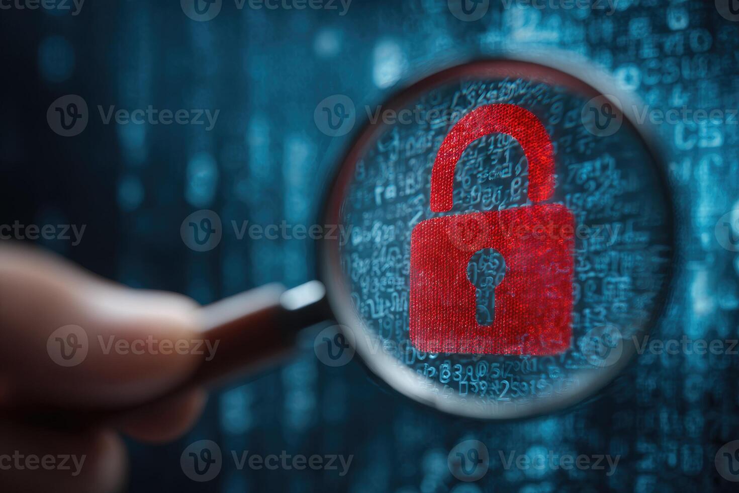 Magnifying glass focusing on a red padlock icon amidst digital code photo