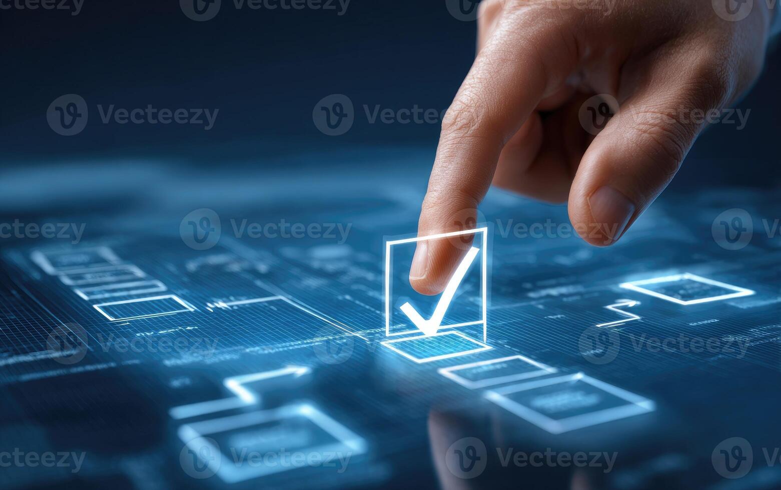 A hand touches a glowing checkmark on a digital interface with workflow diagrams photo