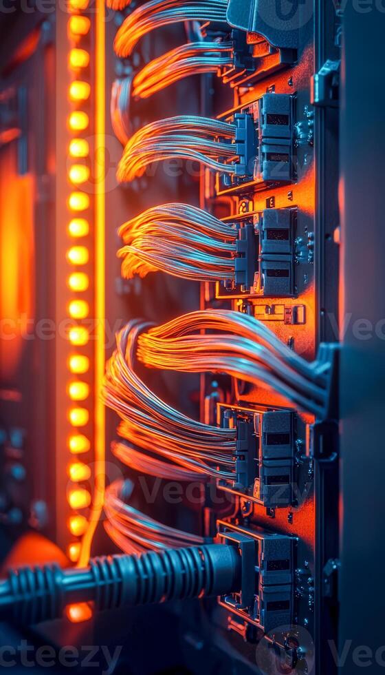 Close-up of illuminated server cables and connections in a data center or computer network hardware photo