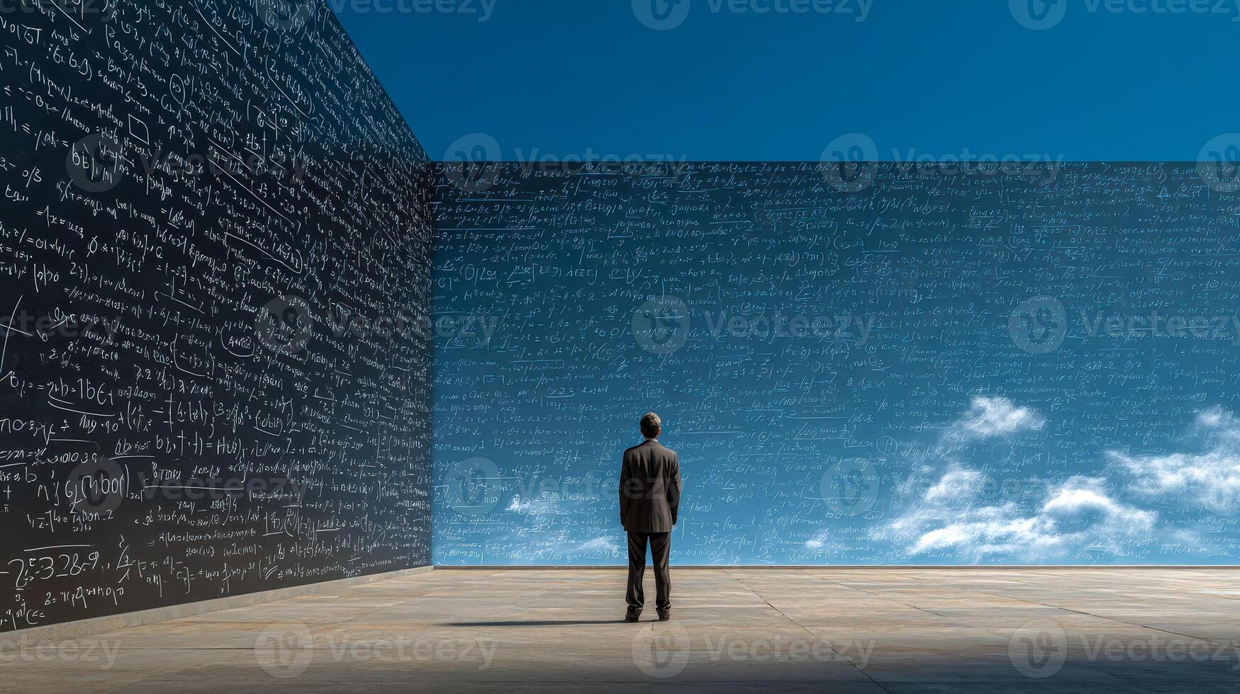 Man in suit pondering in room with walls displaying mathematical formulas and a sky view with clouds photo