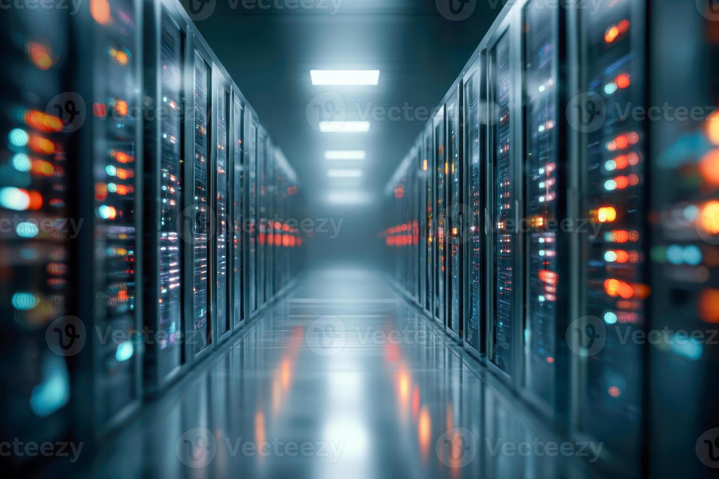 A futuristic data center corridor lined with illuminated server racks showcasing advanced technology in a high-tech environment with cool blue and orange lighting effects photo