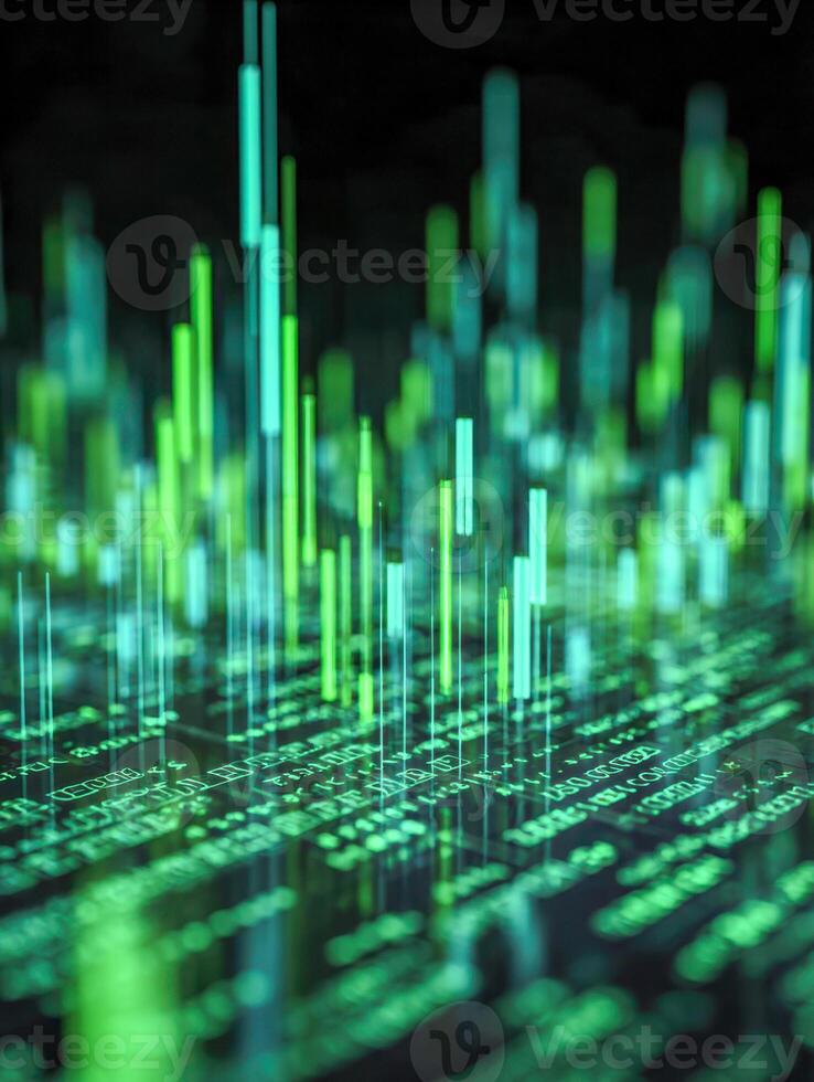 Digital data visualization with glowing green and blue 3d bar graphs and code snippets representing advanced technological analysis and information processing systems photo