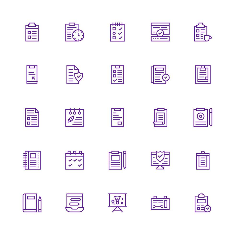 A set of purple line icons that include a calendar, a clock, and a calendar vector