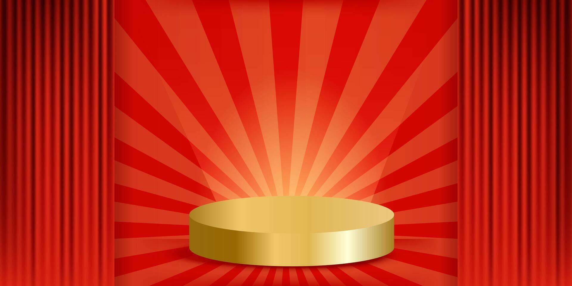 Bright red retro spotlight background with golden light podium and top stage lighting. Perfect for vintage performance circus. illustration with empty space for text vector