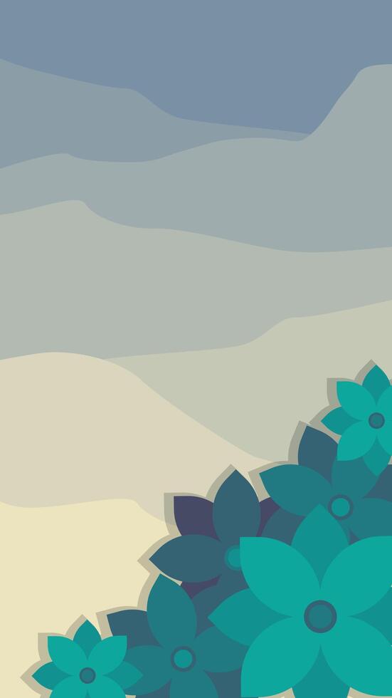 Vertical background image of mountain view in gradient color, foreground decorated with green tone flowers vector