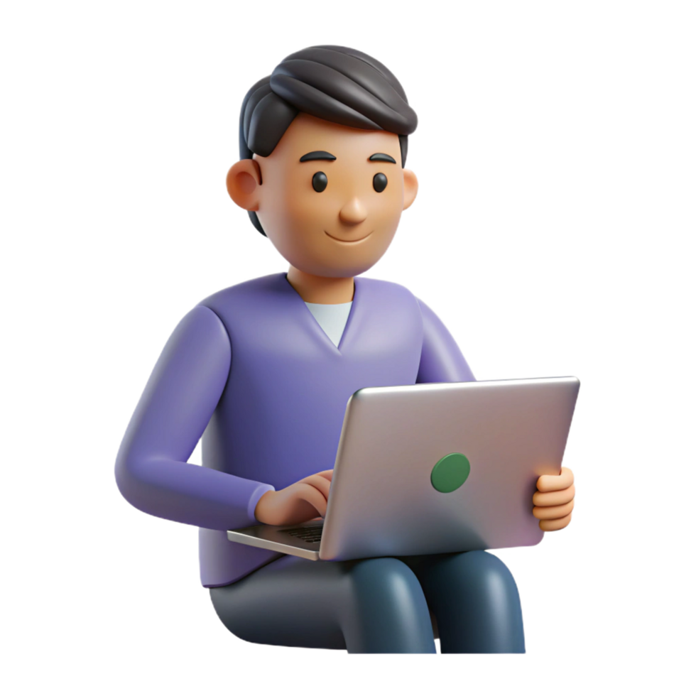 3d rendere di un' sorridente uomo utilizzando un' il computer portatile computer isolato su trasparente sfondo png