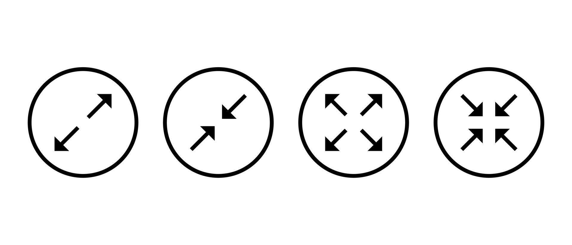 Expand and collapse arrow icon set. Full screen and Exit fullscreen symbol in circular outline vector