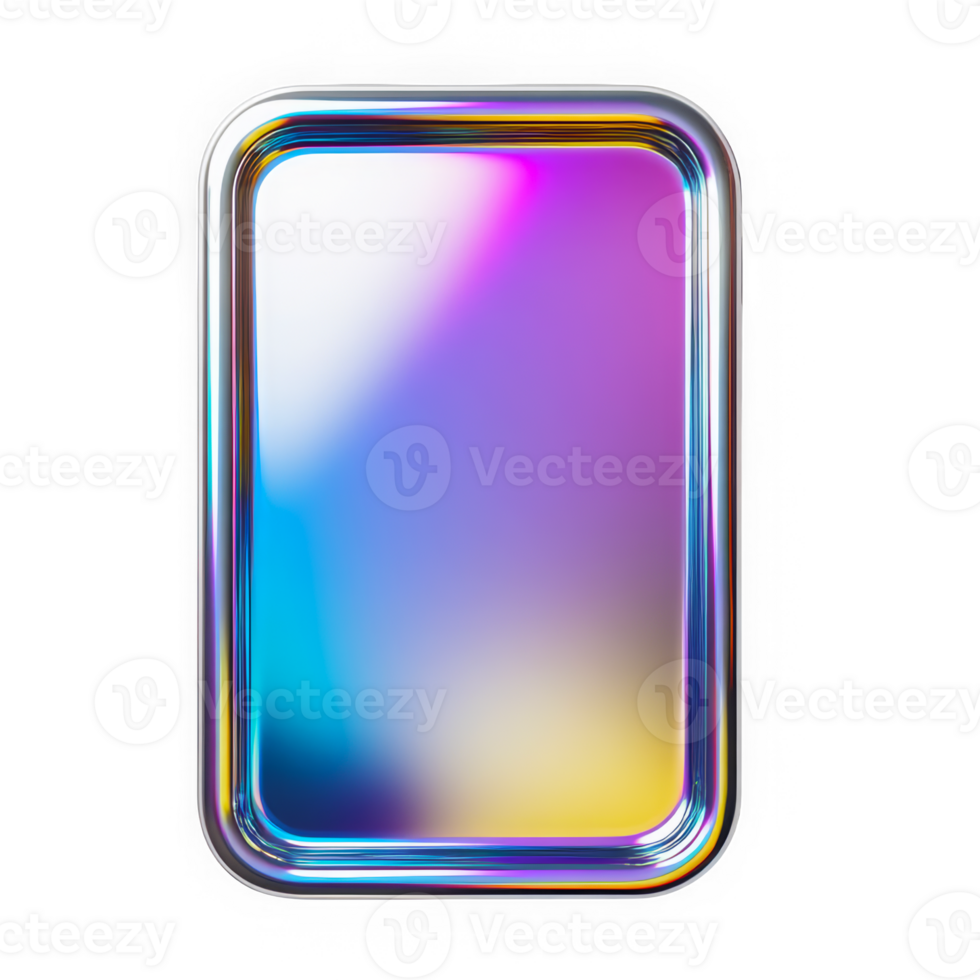 3d chrome rectangular frame holographic, glossy steel reflection with smooth metallic gradient. Retro y2k modern decoration, isolated art rendering. png