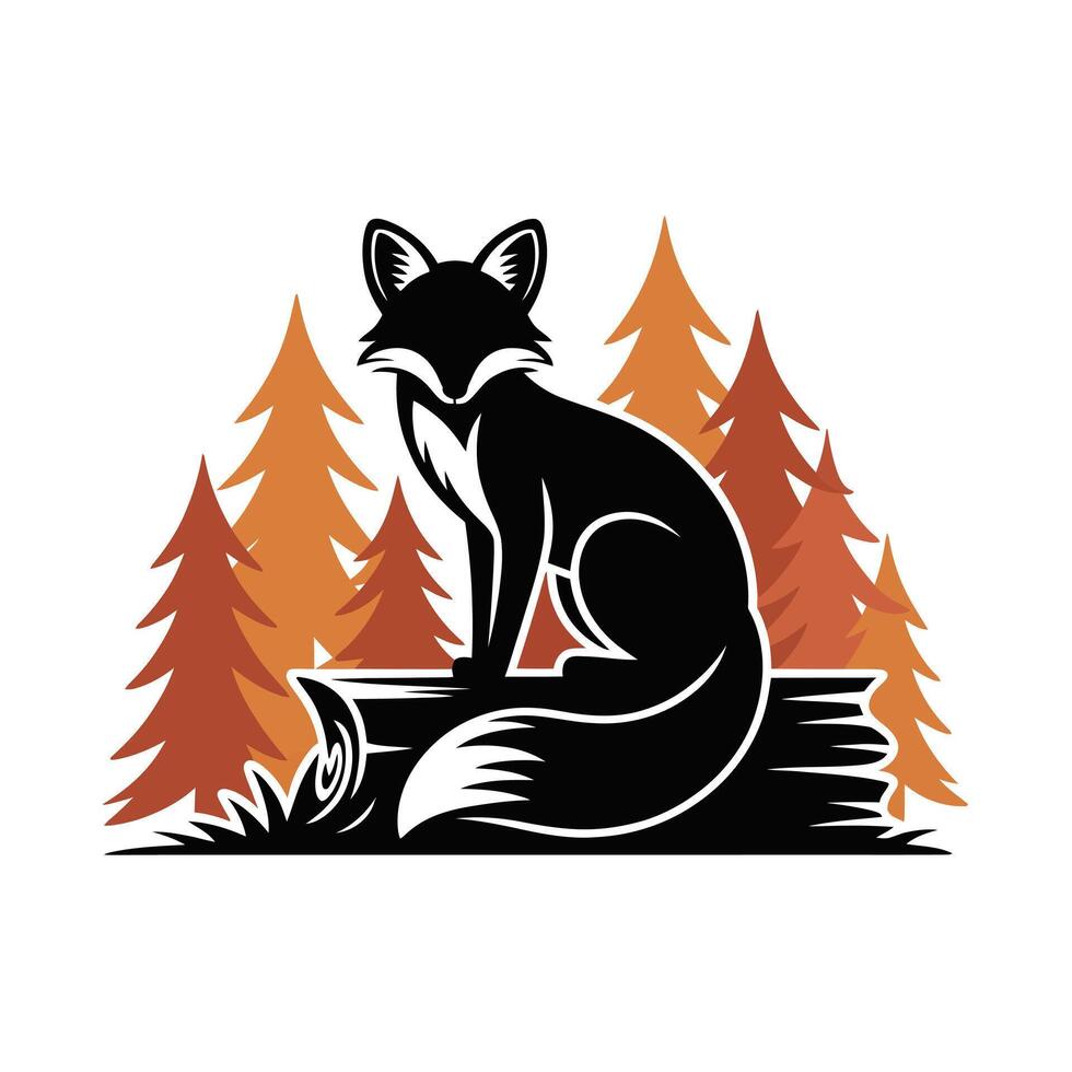 Fox on Log Illustration Silhouette in Forest A Striking Black and Orange Design of Wildlife in Natural Setting with Trees vector