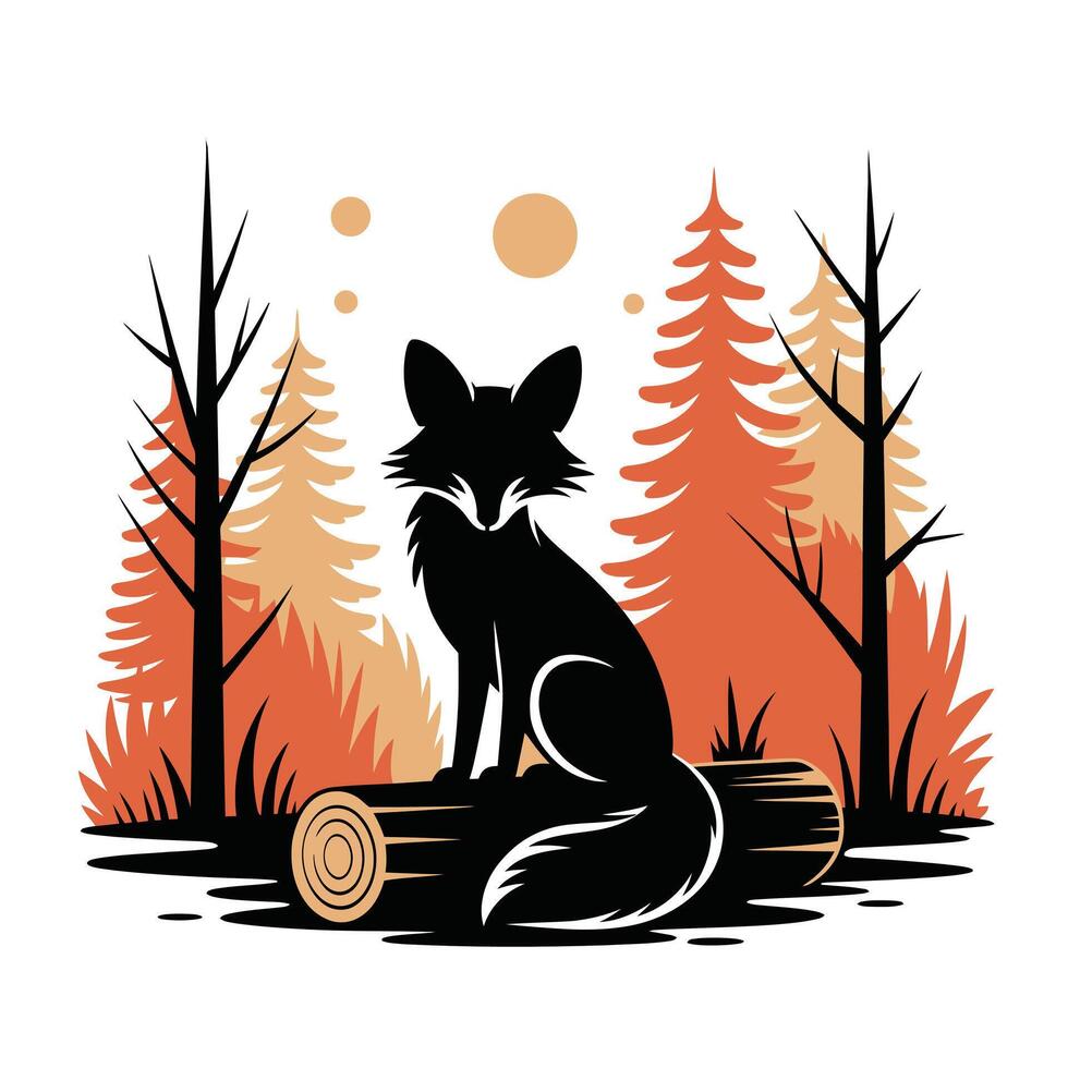 Fox in Forest Silhouette Illustration A Striking Black Depiction of a Fox Resting on a Log Amidst Trees in a Natural Setting vector