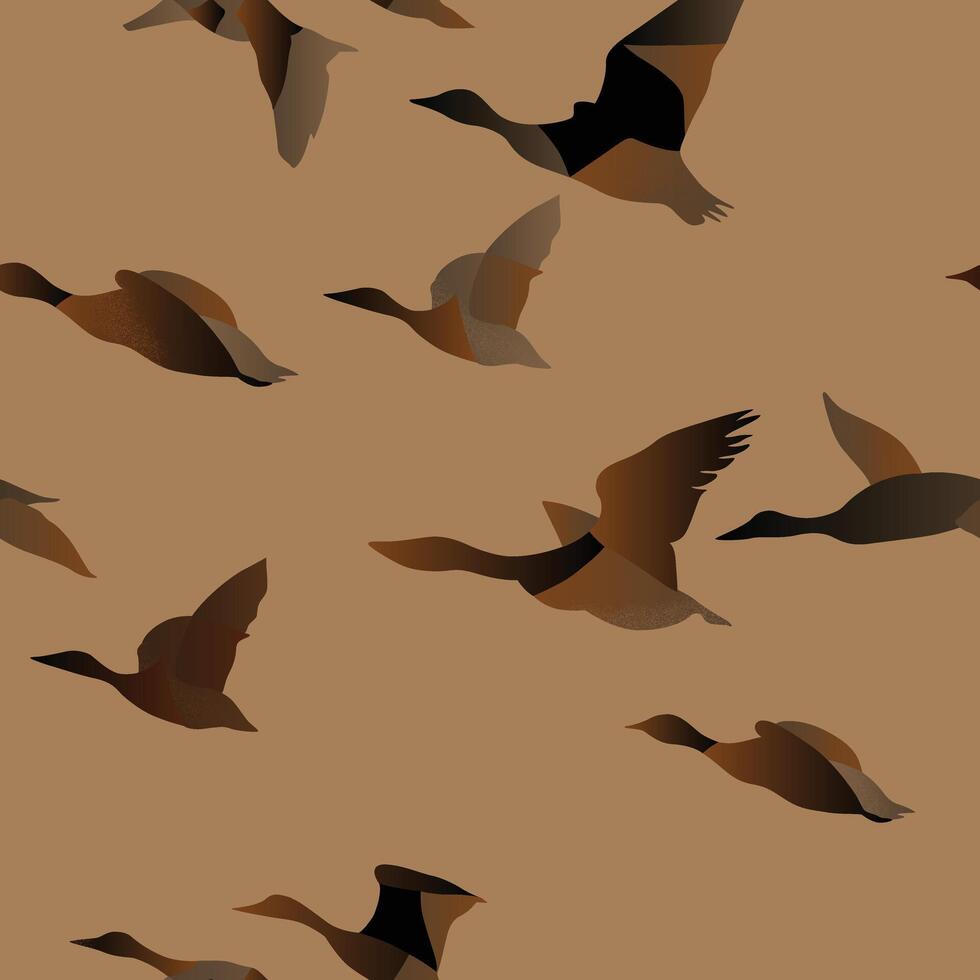 Seamless Japanese papercut duck pattern in warm brown and black tones. Flying birds create a rhythmic, natural design with layered textures for modern surface prints. vector