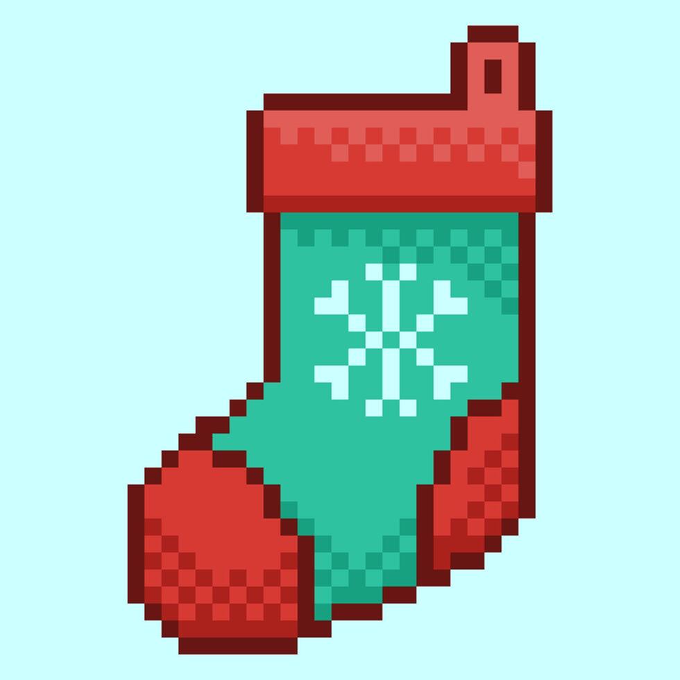 Festive Christmas stocking designed in retro pixel art style. This 8-bit illustration features a colorful stocking with a knitted texture and a snowflake emblem, ideal for holiday-themed vector