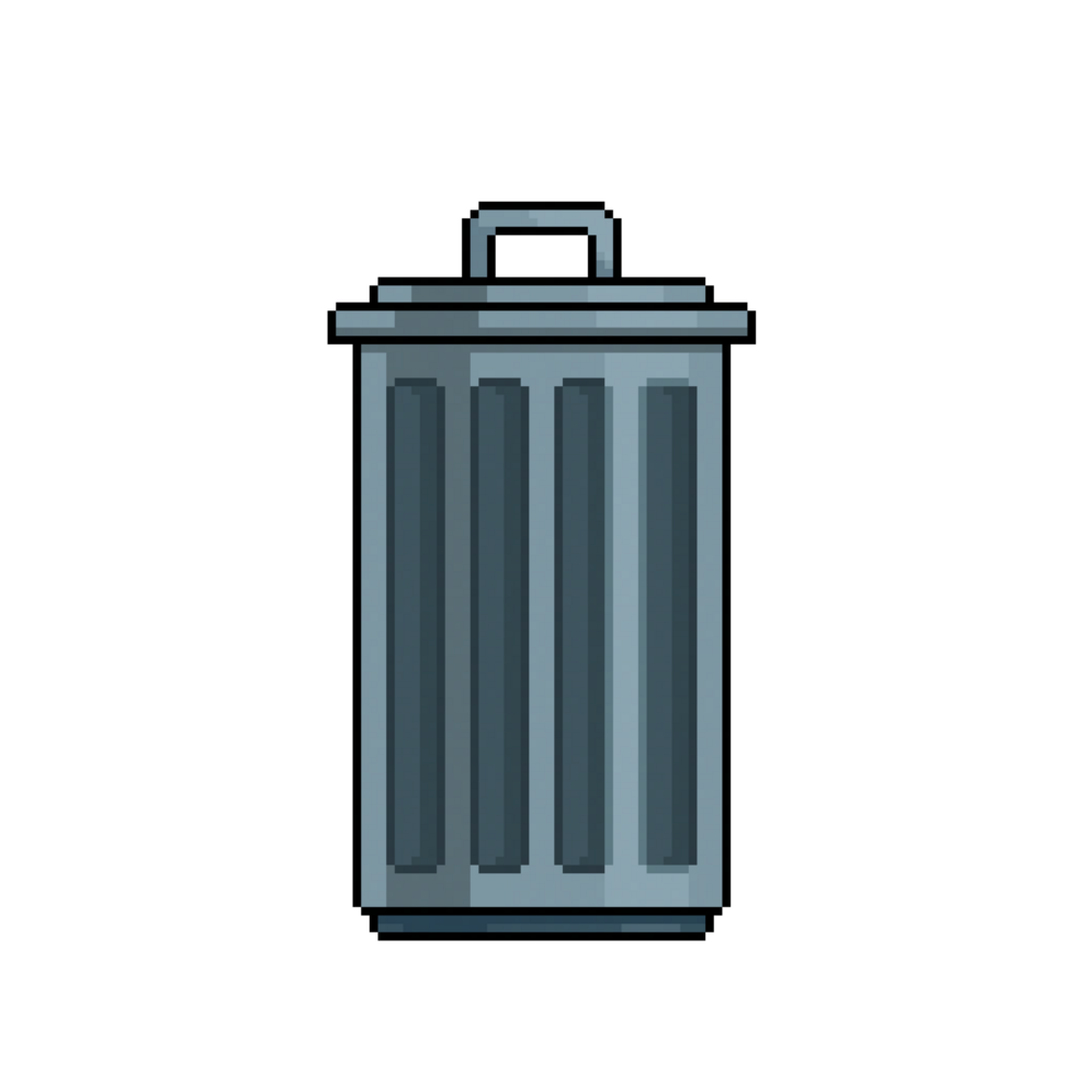 Pixel art of a metal trash can or bin with a lid and a line pattern in a retro 8-bit style png