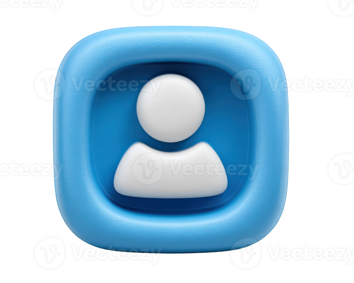 User icon blue square button, 3D render, white person symbol, modern digital interface, isolated on transparent background, minimal style, technology concept png