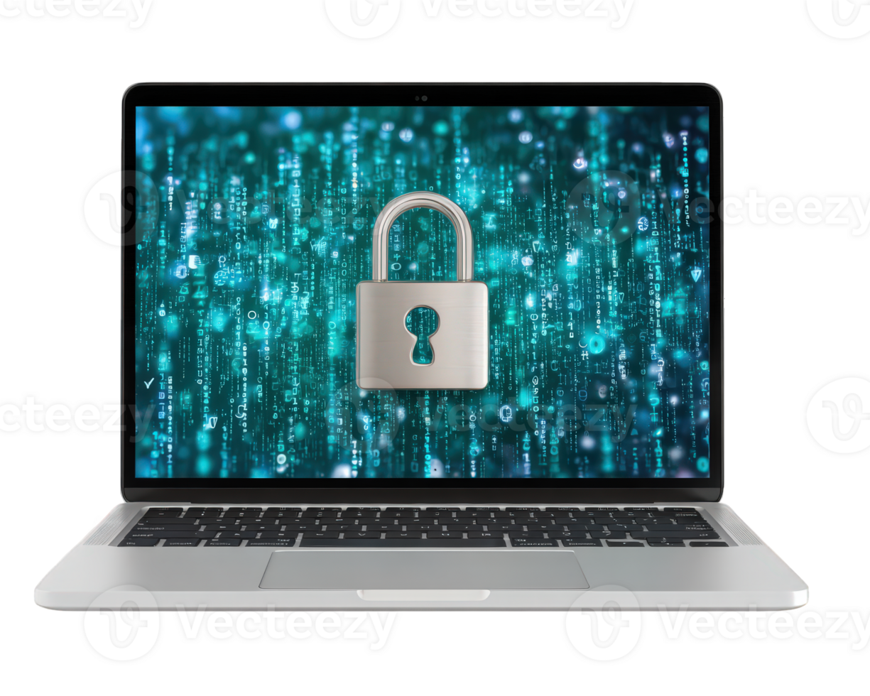 il computer portatile con digitale lucchetto su schermo, raggiante blu matrice codice sfondo, simboleggiante sicurezza informatica, dati protezione, privacy, e sicuro tecnologia nel moderno digitale ambiente png