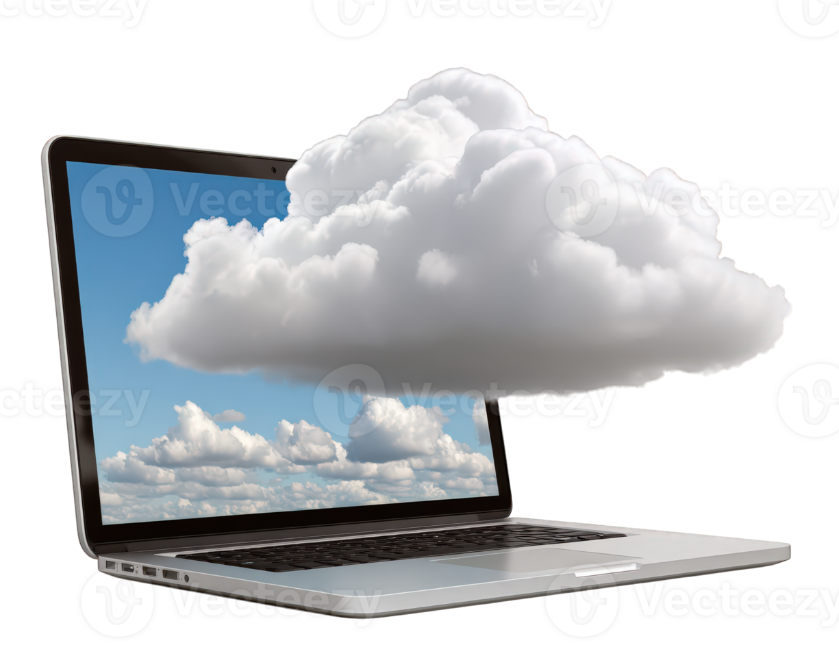 Laptop cloud technology digital computing internet data storage modern innovation. laptop with large cloud emerging from screen symbolizes cloud computing digital data storage and modern png